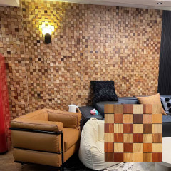 Hardwood, Natural Tone | Small Square 3D Solid Wood Mosaic Feature Wall