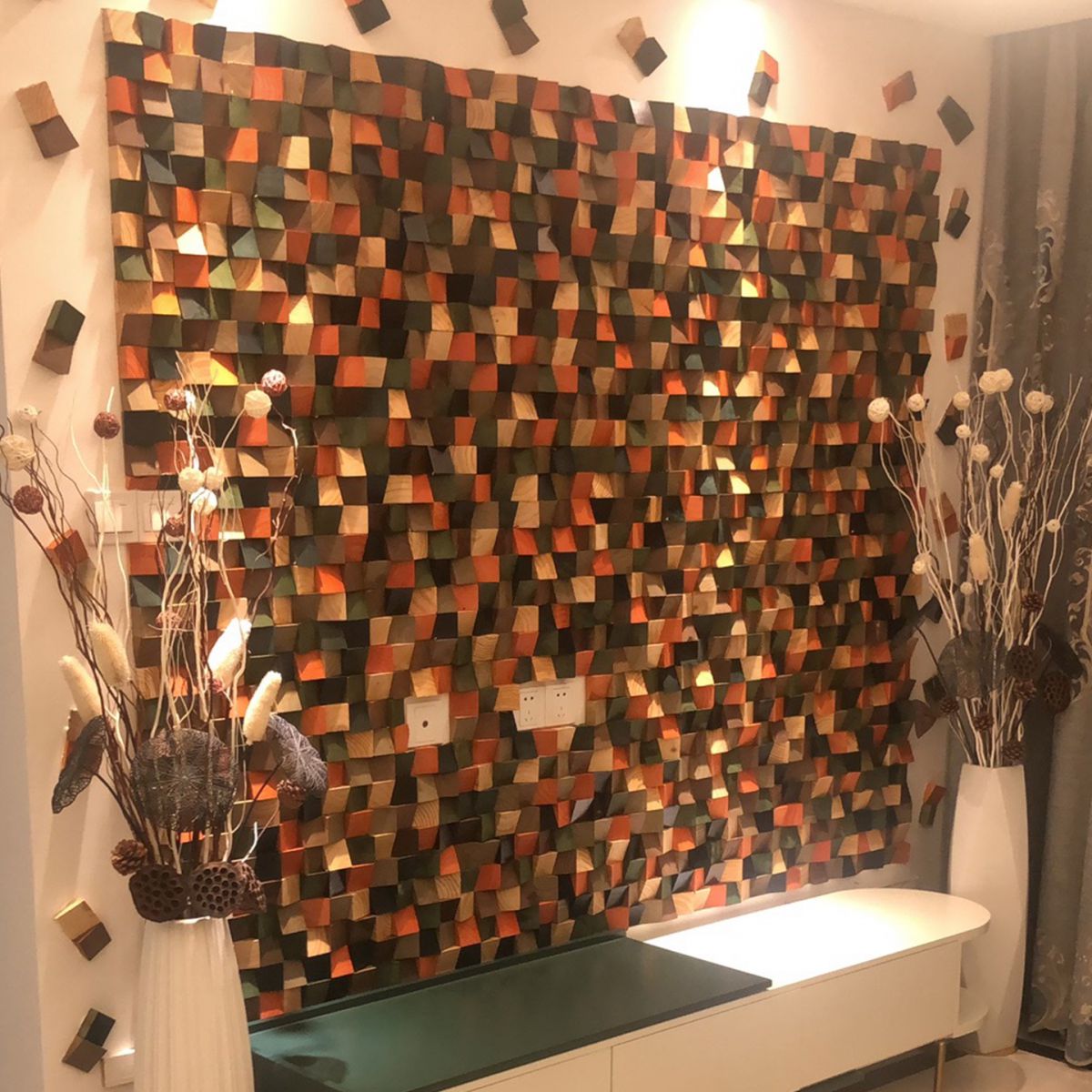 3D Pine, Colorful | Solid Wood Mosaic Feature Wall