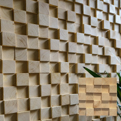Pine Wood, Natural Tone | Small Square 3-Thickness Mosaic Feature Wall