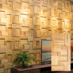 3D Solid Wood Mosaic Accent Wall - Natural Color Rubberwood