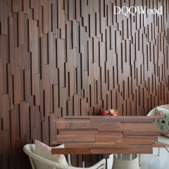 Sapele Deep Walnut Tone Wide Strip Offset-Joint 3D Solid Wood Mosaic Accent Wall Panel