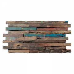 Colored Weathered Boat Wood Thin Strip Offset-Joint 3D Wood Mosaic Accent Wall Panel
