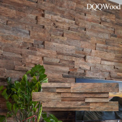 Bark Weathered Wood | Large Block Offset Joint 3D Solid Wood Mosaic Accent Wall