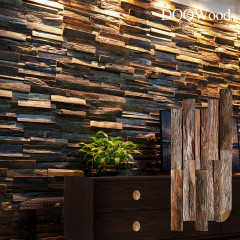 Weathered Bark | Clear Varnish Wide Strip Offset-Joint 3D Mosaic Accent Wall Panel